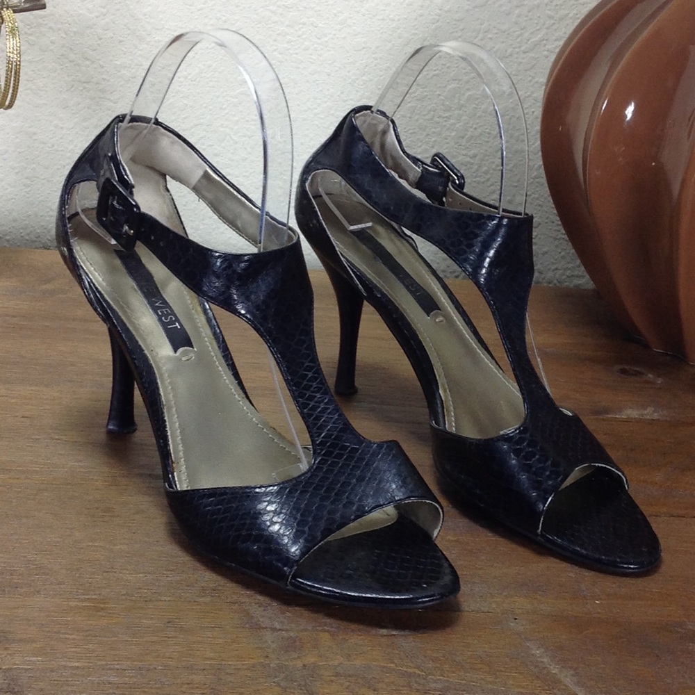 Nine West Black Leather T-Strap Stiletto Sandals